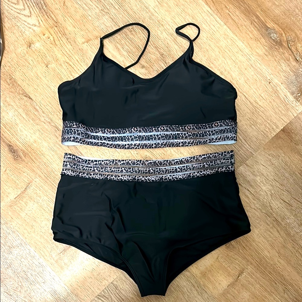 Black Two-Piece Swimsuit with Leopard Print